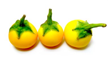 Taze patlıcan, beyaz arka planda sarı patlıcan Thai yakın