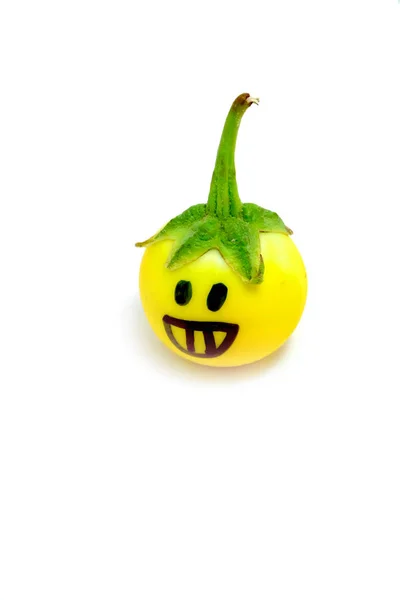Single Yellow Eggplant. Close Up Eggplant Thai Vegetable with a Smile on White Background — Stock Photo, Image