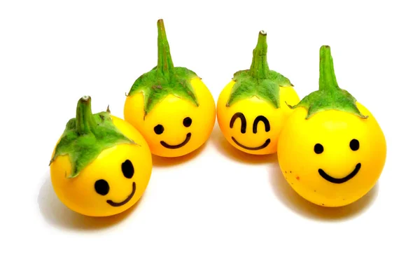 Žlutý Baklažat. Uzavřete Lilrostlinu thajskou zeleninu s úsměvem na bílém pozadí — Stock fotografie