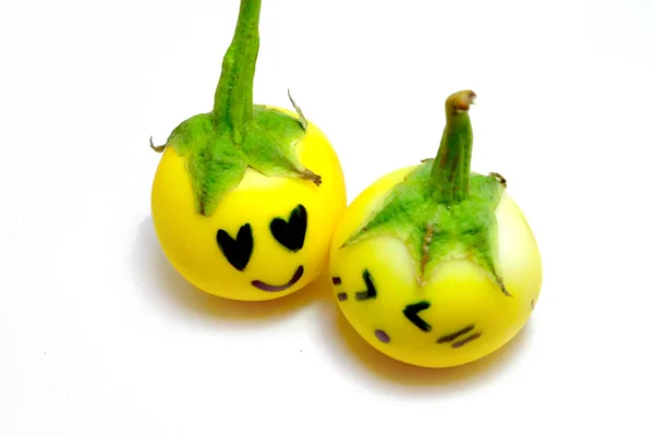 Couple Yellow Eggplant. Close Up Eggplant Vegetable with a Happy Love on White Background — Stock Photo, Image