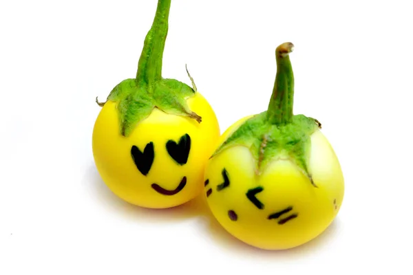 Couple Yellow Eggplant. Close Up Eggplant Vegetable with a Happy Love on White Background — Stock Photo, Image