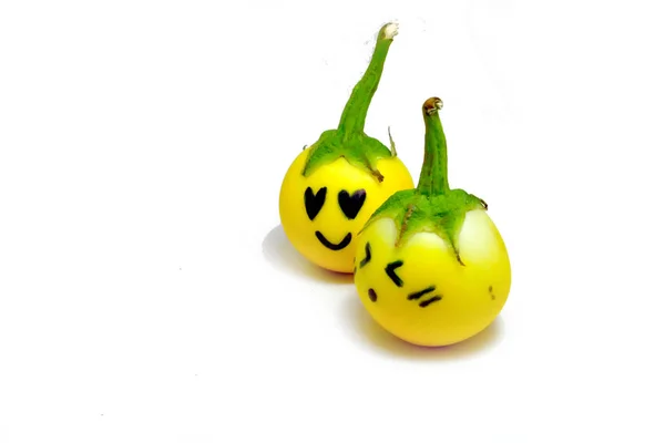 Couple Yellow Eggplant. Close Up Eggplant Vegetable with a Happy Love on White Background — Stock Photo, Image
