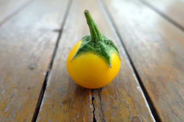 Tek sarı patlıcan. Ahşap masa arka plan sarı taze patlıcan Tay kadar kapatın