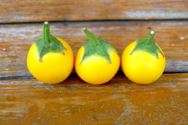 Sarı patlıcan. Ahşap masa arka plan sarı taze patlıcan Tay kadar kapatın