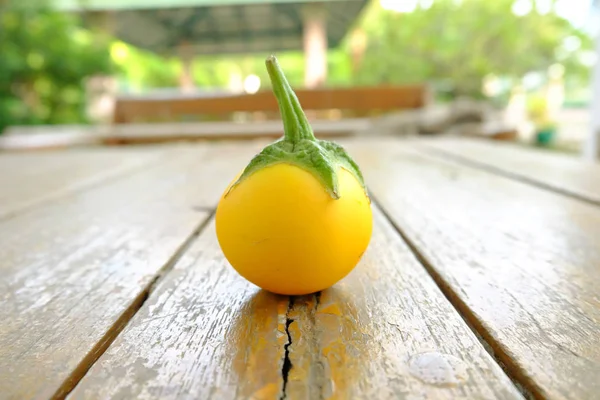 Tek sarı patlıcan. Ahşap masa arka plan sarı taze patlıcan Tay kadar kapatın