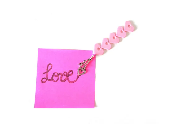 Pink Paper Note Love Text Written Silver Heart Pendant White — Stock Photo, Image