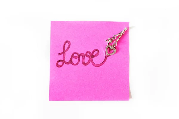 Papier Rose Note Avec Amour Texte Écrit Pendentif Coeur Argent — Photo