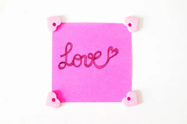 Pink Paper Stick Note Любовью Белом Фоне Отлично Подходит Любого — стоковое фото