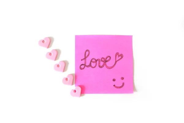 Getekende Smile Gezicht Met Liefde Word Roze Sticker Papier Noot — Stockfoto