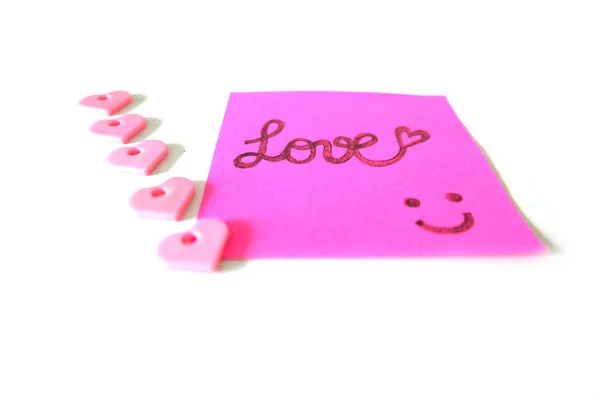Getekende Smile Gezicht Met Liefde Word Roze Sticker Papier Noot — Stockfoto