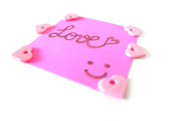 Getekende Smile Gezicht Met Liefde Word Roze Sticker Papier Noot — Stockfoto
