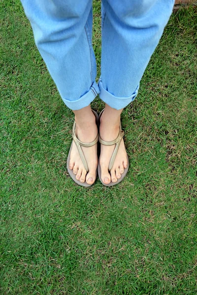 Kadının bacaklar ve ayaklar için herhangi bir kullanım çimento ve yeşil çim arka plan büyük altın sandalet giymek.