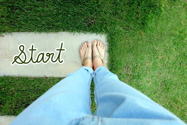 Text Word Start Written Woman Legs Feet Waer Gold Sandals — Stock Photo, Image