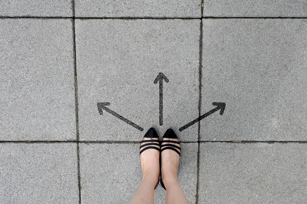 Directional Arrow Pair Black Shoes Woman Standing Tile Background Great — Stok Foto