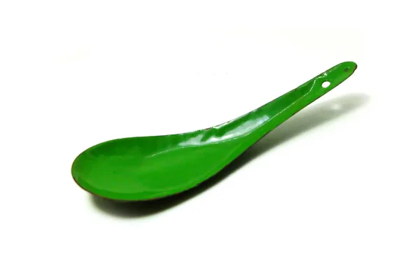 Green Spoon Close Green Zinc Spoon White Background — Stock Photo, Image