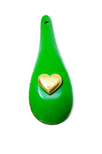 Gold Heart Love Concept Cuillère Zinc Vert Avec Des Formes — Photo
