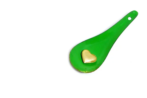 Goldherz Liebe Konzept Grüner Zinklöffel Mit Goldenen Herzformen Zum Valentinstag — Stockfoto