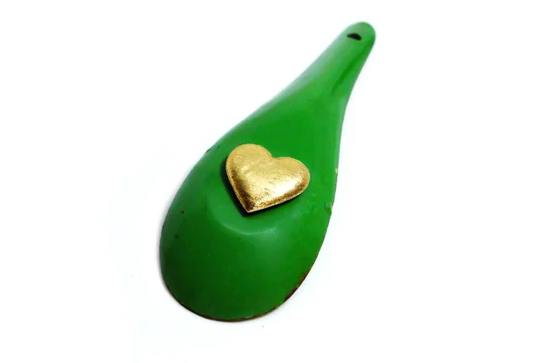 Gold Heart Love Concept Cuillère Zinc Vert Avec Des Formes — Photo