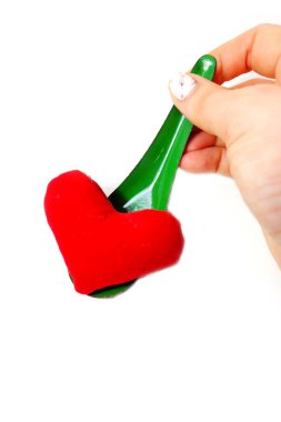 Bir kaşık ve kırmızı kalp Holding ile kadın eli. Sevgililer yeşil çinko kaşık ve beyaz arka plan büyük üstünde herhangi bir kullanım için izole kalp sevgi kavramı.