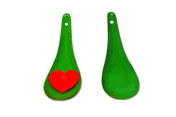 Valentines Red Heart Love Cuillère Zinc Vert Avec Des Formes — Photo