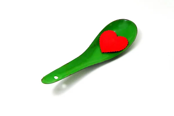 Valentines Red Heart Love Green Zinc Spoon Red Heart Shapes — Stock Photo, Image