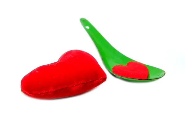 Valentinstag Rotes Herz Liebe Grüne Zinklöffel Mit Roten Herzformen Konzept — Stockfoto