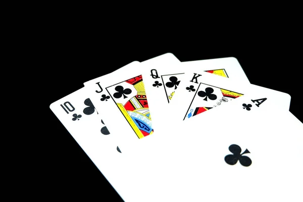 Παιχνίδι Παίζουν Χαρτιά Απομονωμένη Κατάστρωμα Του Κάρτα Παιχνίδι Μαύρο Φόντο — Φωτογραφία Αρχείου