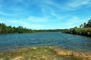 Nehir Ormanı. Mavi Gökyüzü Bulutları Arka Plan Büyük herhangi bir kullanım için güzel Dağ Nehri Manzara