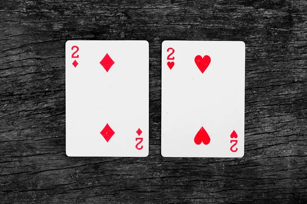 Two Spades Diamonds Playing Card Playing Cards Isolated Wooden Background — Stock Photo, Image