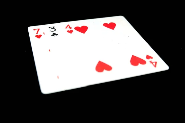 Hrát Karty Zblízka Tři Hrací Karta Izolované Černém Pozadí Velké — Stock fotografie