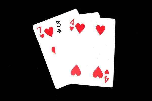 Spelen Card Close Drie Speelkaart Geïsoleerd Zwarte Achtergrond Groot Voor — Stockfoto