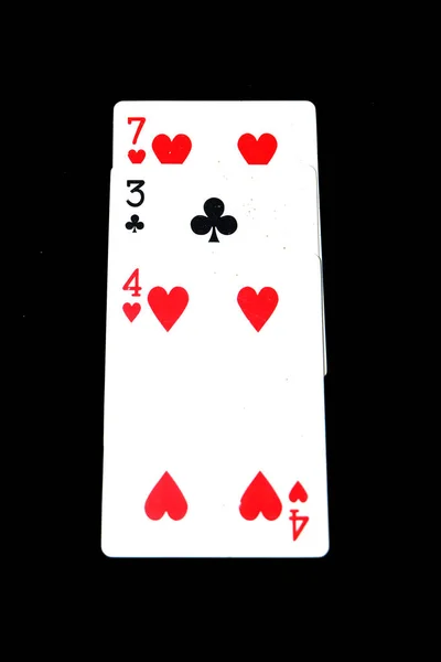 Παίζει Κάρτα Εσωτερικη Τρεις Playing Card Απομονωμένη Μεγάλο Μαύρο Φόντο — Φωτογραφία Αρχείου