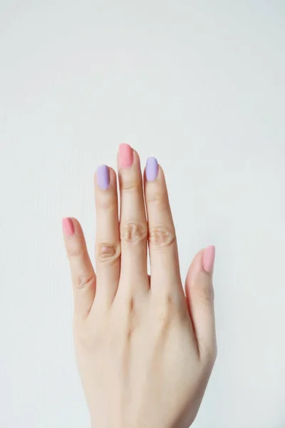 关闭指甲油指甲 美丽的女人是粉红色的手和紫罗兰色的白色背景 伟大的任何使用 — 图库照片