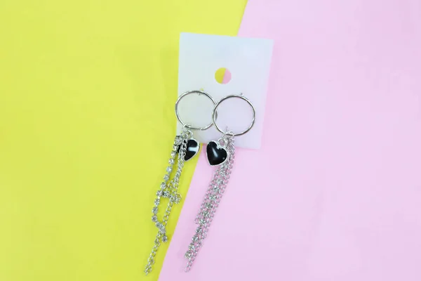 Earring Heart Love Romance Silver Earrings Isolated Yellow Pink Pastel — Stock Photo, Image