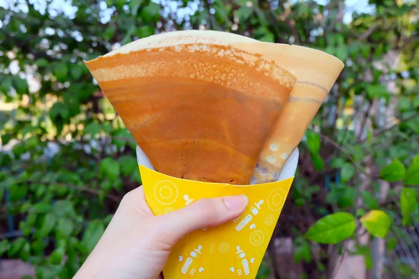 Crepe with Chocolate Sauce Dessert. Woman is Hands Holding Brown Pancake on Green Leaf Nature Background Great For Any Use.