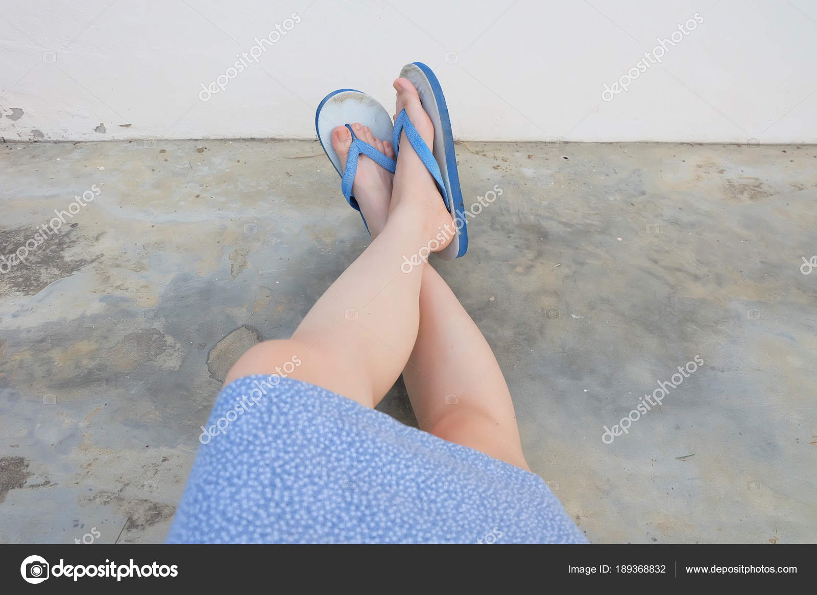 Selfie Blue Shoes Isolated On Concrete Floor For Top View Womans Feet Wearing Dress And Flip Flop Sandal The Cement Background Great Selfie Blue Shoes Isolated On Concrete Floor For Top View Womans Feet Wearing Dress And Flip Flop Sandal The Cement Background Great