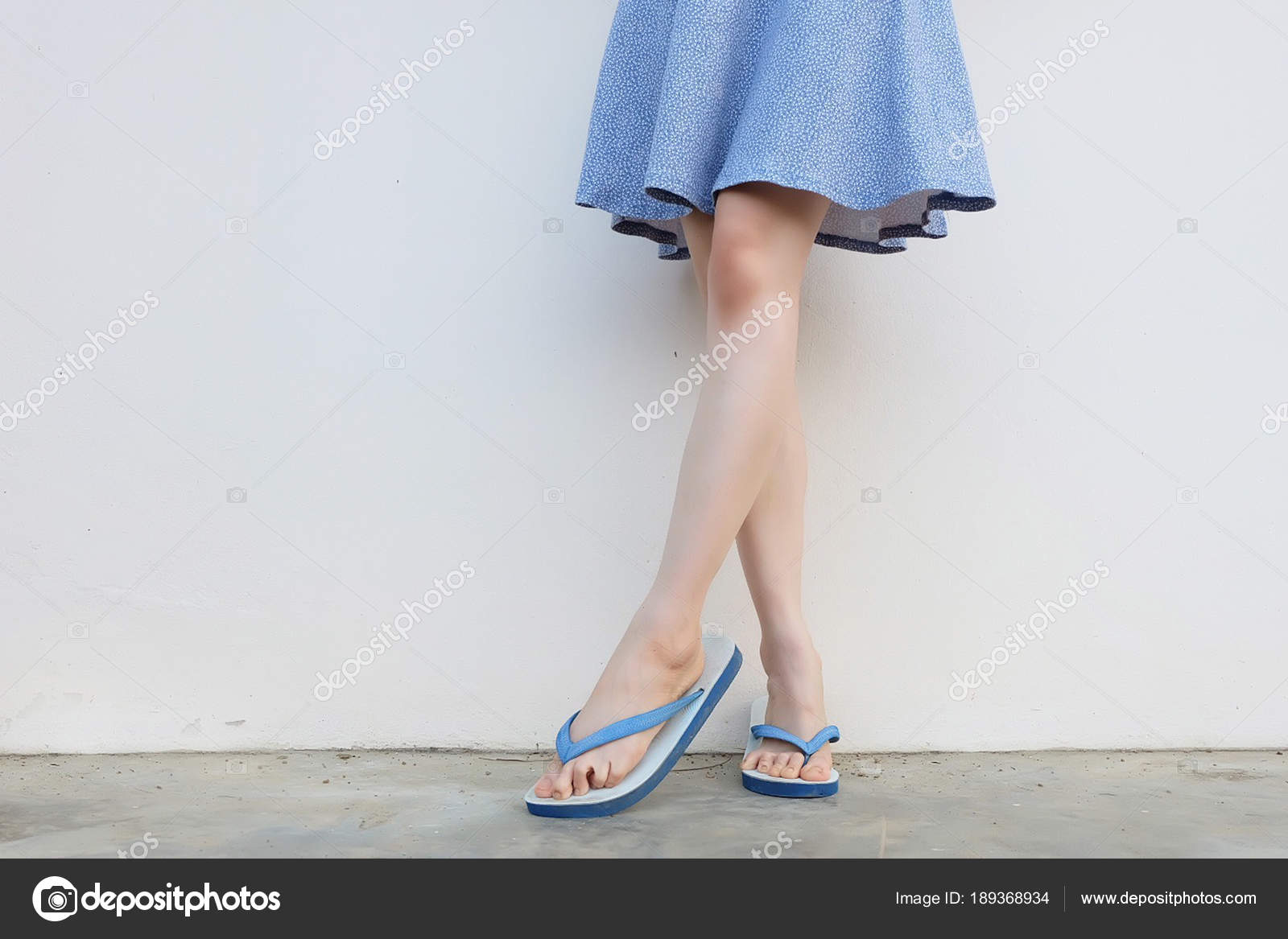 Selfie Girl Slim Legs Blue Shoes Dress Isolated Concrete Floor