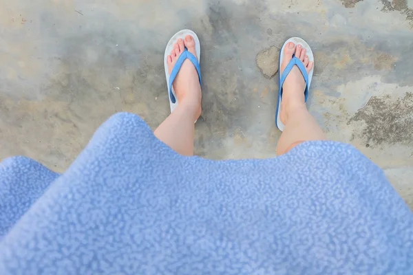 Selfie Blue Shoes Isolated Concrete Floor Top View Woman Feet — Stock Photo, Image