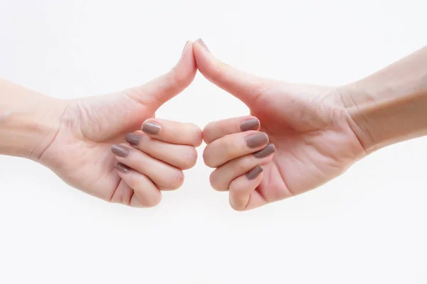 Güzel Boyalı Brown Çivi Şık Kozmetik Trendy Kadın Manikür Eller — Stok fotoğraf