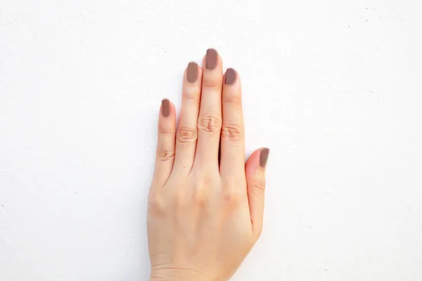 Lindas Unhas Marrons Pintadas Cosméticos Elegantes Mulher Moda Mãos Manicure — Fotografia de Stock