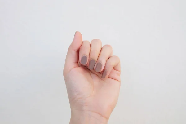 Prachtig Geschilderde Bruine Nagels Stijlvolle Cosmetica Trendy Vrouw Handen Manicure — Stockfoto