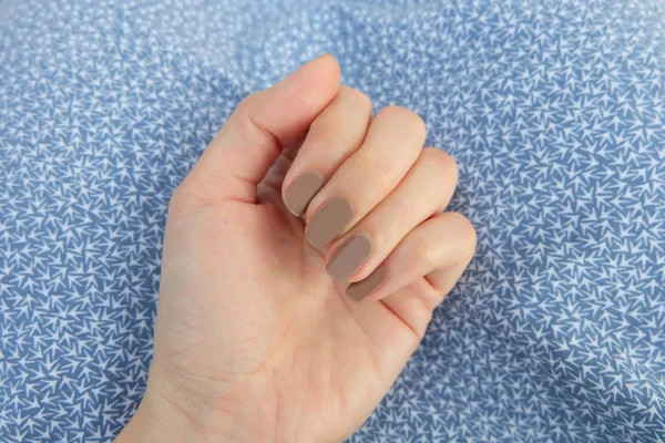 Güzel Boyalı Brown Çivi Kozmetik Kadın Manikür Elleri Olan Kadın — Stok fotoğraf