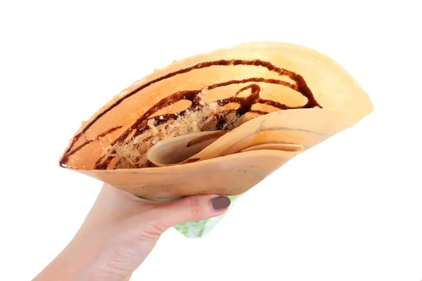 Десертный Шоколадный Соус Сушеной Измельченной Свининой Блины Вид Сверху Женщина — стоковое фото
