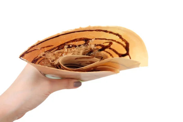 Sobremesa Molho Chocolate Com Crepes Porco Desfiado Seco Panqueca Vista — Fotografia de Stock
