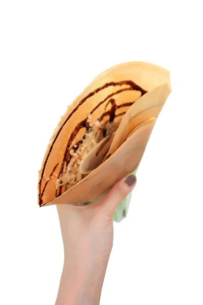 Десертный Шоколадный Соус Сушеной Измельченной Свининой Блины Вид Сверху Женщина — стоковое фото