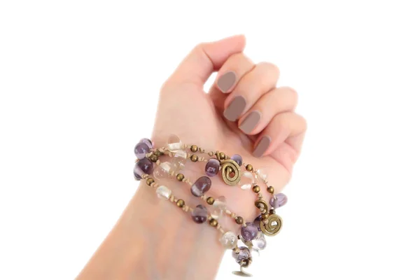 Jewelry Bracelets Isolated Top View Woman Hand Stone Beads Bracelet — Stock Photo, Image