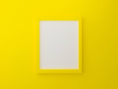 Galerideki duvar dokusunda sarı boş fotoğraf çerçevesi şablonu. 3 boyutlu resimleme. Model posteri ve yerleştirme görüntüsü için sarı arkaplanda boş temiz resim. Modern iç tasarım kavramı.