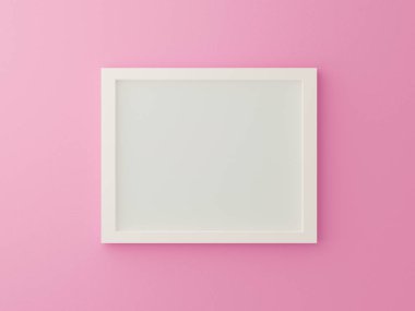 Beyaz boş fotoğraf çerçevesi, galeride pembe arka planda izole edilmiş. 3 boyutlu resimleme. Pastel dokuda temiz bir resim oluşturun. Sevgililer Günü ve minimum konsept. İç dizayn. Yatay.
