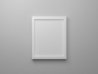 Boş beyaz dikdörtgen fotoğraf çerçeveleri stüdyodaki duvarda izole edilmiş. Ürün nesnesi için 3D tasarım kavramı. Model poster ve resim yerleştirme için gri arkaplan dokusunda asılı boş kağıt resim.
