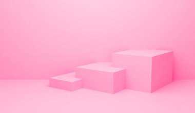 Pembe soyut geometrik arkaplan ya da dokunun 3 boyutlu görüntüsü. Parlak pastel podyum ya da ürün sergisi için merdivenler. Küp şeklindeki şablon tasarımı. Modern web sitesinde boş minimal kavram.